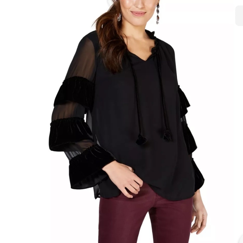 Style & Co Contrast Velvet Sheer Tiered Sleeves Peasant Blouse